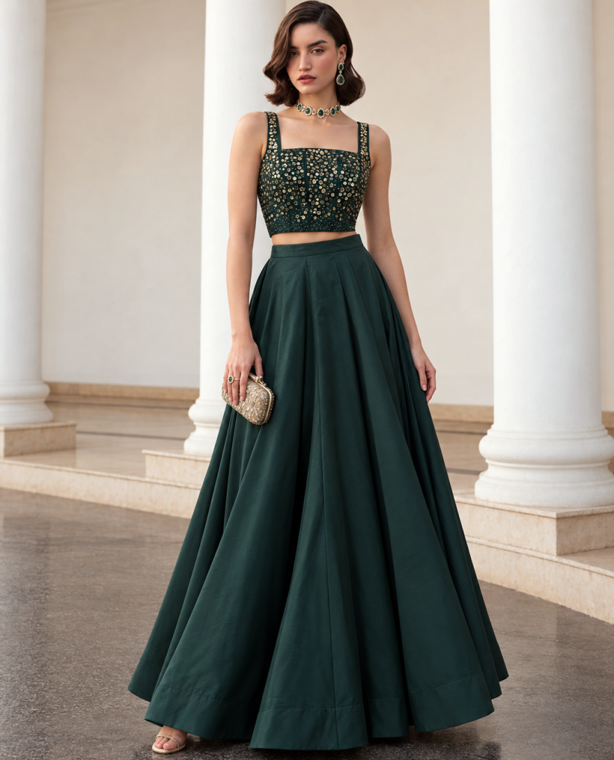 9005 Green - Green Silk Plain Work Ceremonial Lehenga Choli
